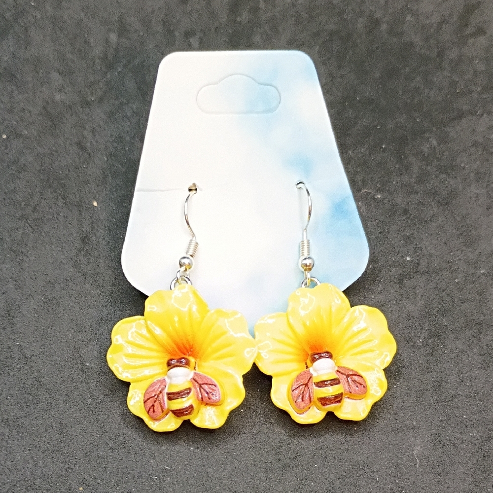 Yellow Floral Bee Drop Earrings